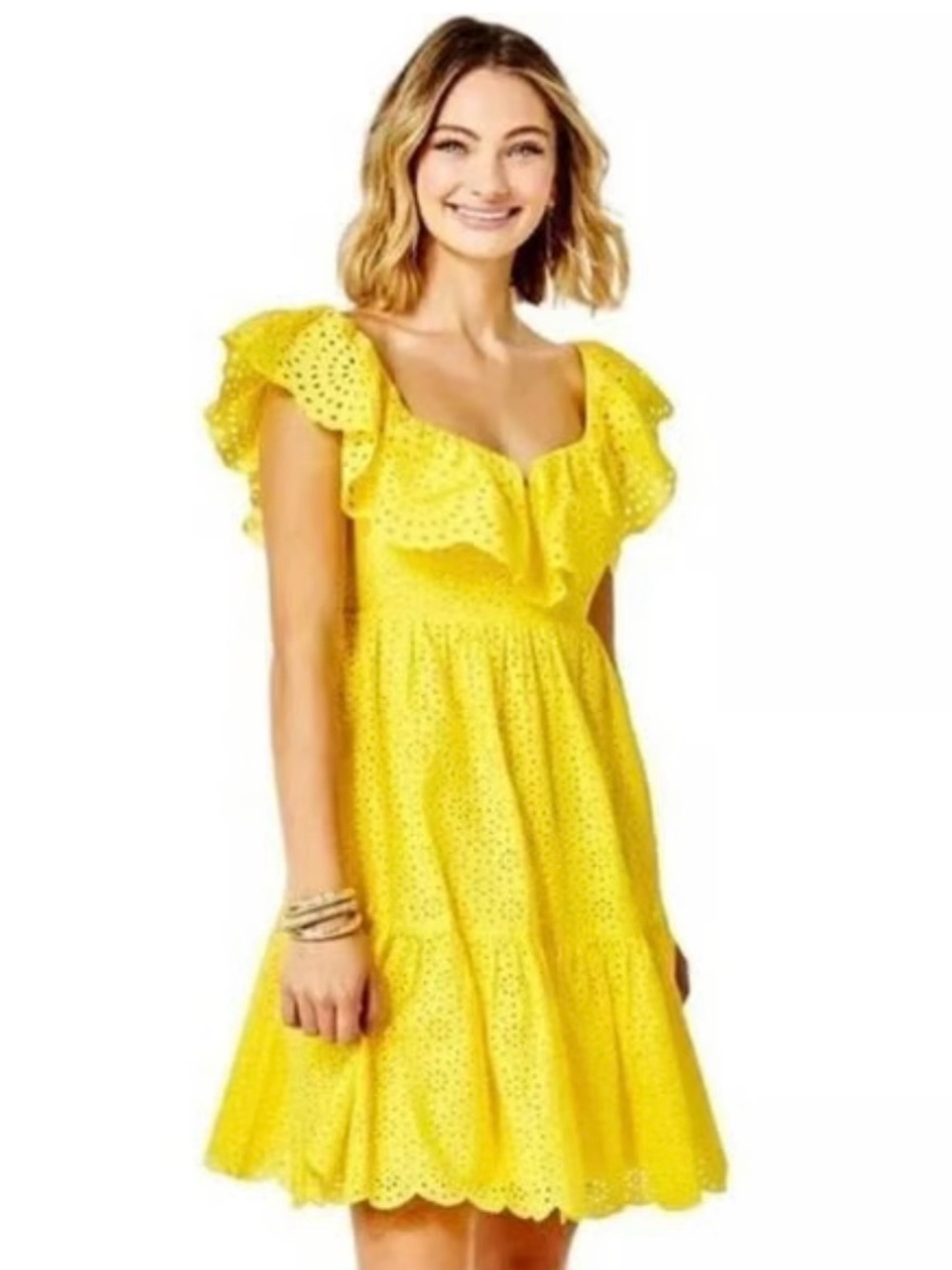 Lilly Pulitzer Yellow Eyelet Ruffle Smocked w Pockets Cotton Sundress Sz 2 - Picture 2 of 8